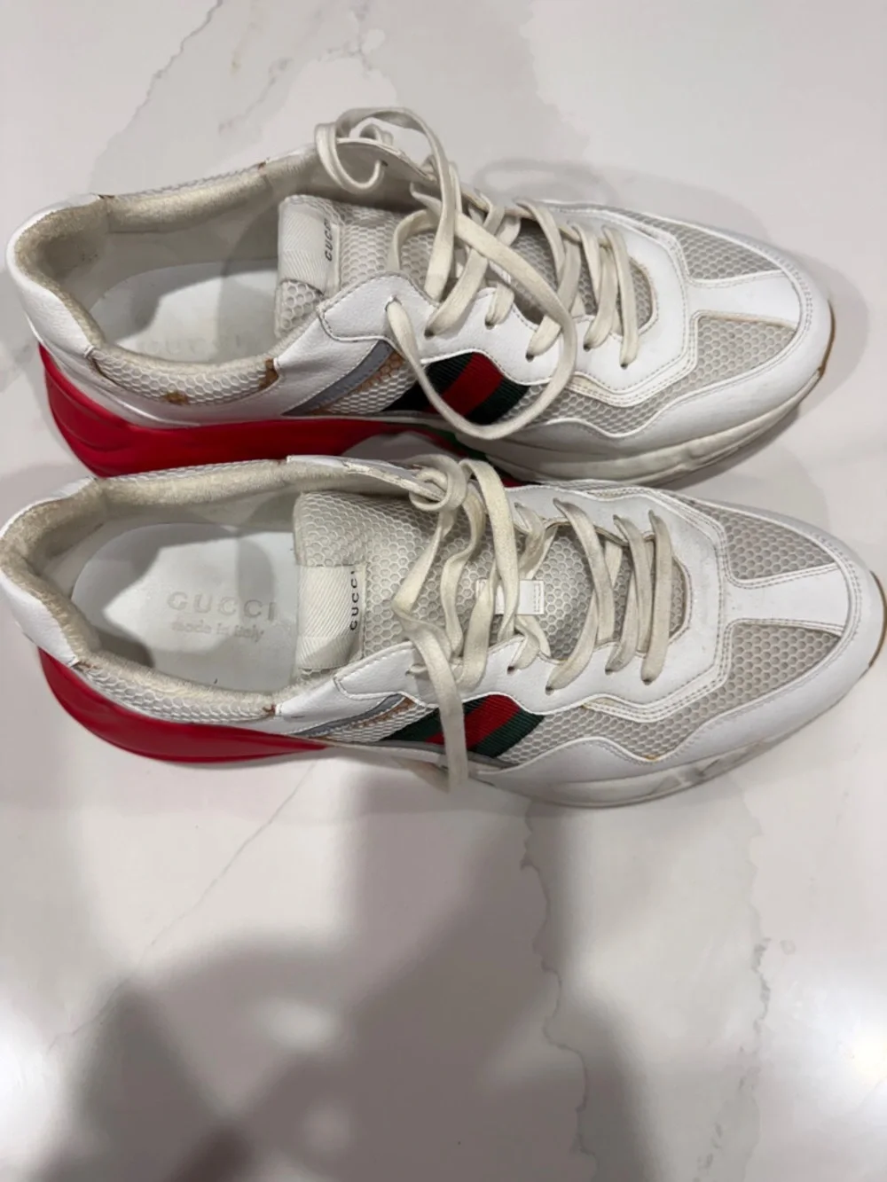 Authentic Gucci White Mesh & Leather Men’s Sneakers with Red and Green Accent